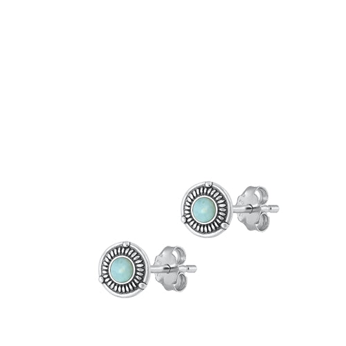 Sterling Silver Oxidized Round Genuine Larimar Stone Earrings Face Height-7.7mm