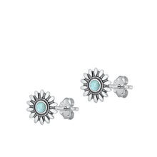 Load image into Gallery viewer, Sterling Silver Oxidized Flower Genuine Larimar Stone Earrings Face Height-8.6mm
