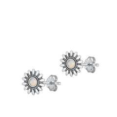 Sterling Silver Oxidized Flower Moonstone Earrings Face Height-8.6mm