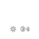 Sterling Silver Rhodium Plated Flower Clear CZ And White Lab Opal Earrings