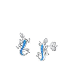 Sterling Silver Rhodium Plated Lizard Blue Lab Opal Earrings