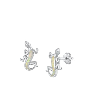 Sterling Silver Rhodium Plated Lizard White Lab Opal Earrings