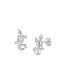Load image into Gallery viewer, Sterling Silver Rhodium Plated Lizard White Lab Opal Earrings