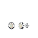 Sterling Silver Oxidized White Lab Opal Earrings-8 mm