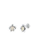Sterling Silver Rhodium Plated Turtle White Lab Opal Earrings Face Height-8.8mm