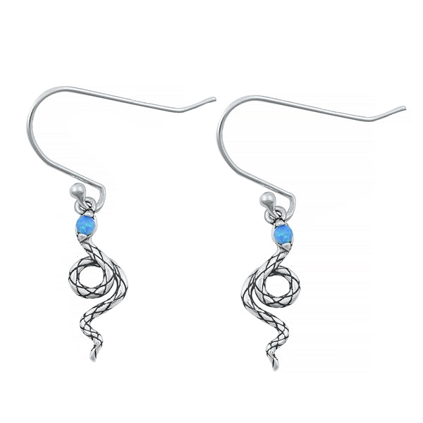 Sterling Silver Oxidized Snake Blue Lab Opal Earrings Face Height-16.1mm