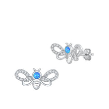 Load image into Gallery viewer, Sterling Silver Rhodium Plated Bee Blue Lab Opal And Clear CZ Earrings