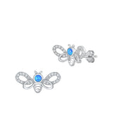 Sterling Silver Rhodium Plated Bee Blue Lab Opal And Clear CZ Earrings