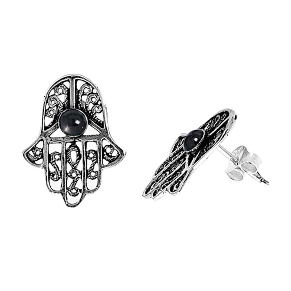 Sterling Silver Hamsa Shaped Plain Earrings With Black CZAnd Earring Height 17 mm