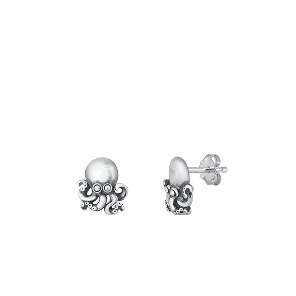 Sterling Silver Oxidized Octopus Small Stud Earrings Face Height-8.3mm