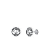 Sterling Silver Oxidized Lotus Small Stud Earrings Face Height-9.9mm