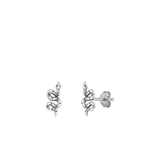 Sterling Silver Oxidized Snake Small Stud Earrings Face Height-10.1mm