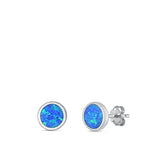 Sterling Silver Polished Blue Lab Opal Circle Stud Earrings