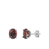 Sterling Silver Rhodium Plated Oval Genuine Garnet Stone Earrings