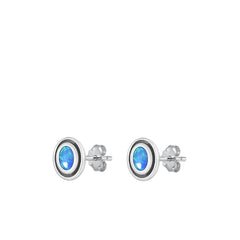 Sterling Silver Oxidized Oval Blue Lab Opal Earrings Face Height-7.8mm