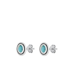 Sterling Silver Oxidized Oval Genuine Turquoise Stone Earrings Face Height-7.8mm