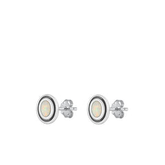 Sterling Silver Oxidized Oval White Lab Opal Earrings Face Height-7.8mm
