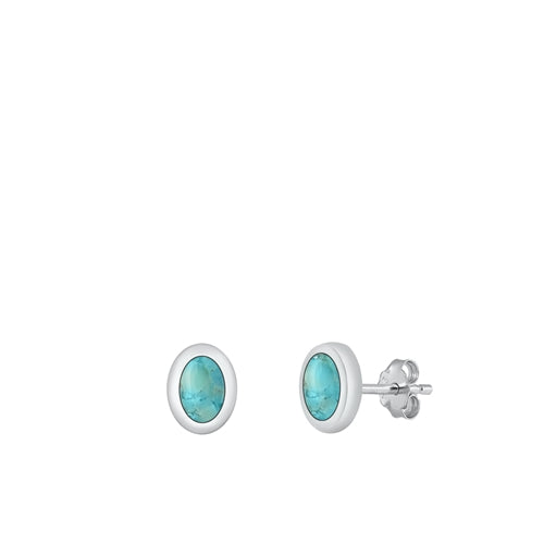 Sterling Silver Polished Oval Genuine Turquoise Stone Earrings Face Height-9mm