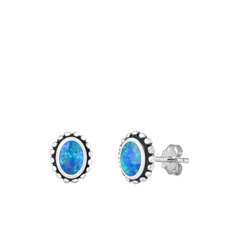 Sterling Silver Oxidized Oval Blue Lab Opal Earrings Face Height-9.6mm