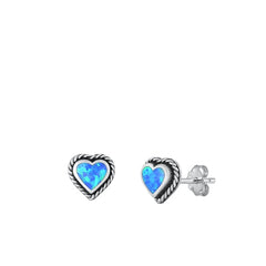Sterling Silver Oxidized Heart Blue Lab Opal Earrings Face Height-8mm