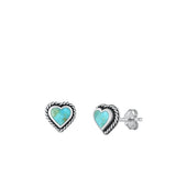 Sterling Silver Oxidized Heart Genuine Turquoise Stone Earrings Face Height-8mm