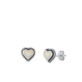Sterling Silver Oxidized Heart White Lab Opal Earrings Face Height-8mm
