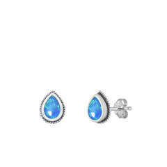 Sterling Silver Oxidized Pear Blue Lab Opal Earrings Face Height-9.6mm