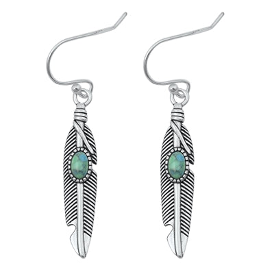 Sterling Silver Oxidized Genuine Turquoise Feather Earring