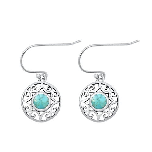 Sterling Silver Oxidized Round Genuine Turquoise Stone Earrings Face Height-13.5mm