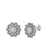 Sterling Silver Oxidized White Lab Opal Earrings Face Height-15.6mm