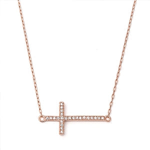 Sterling Silver Rose Gold Plated Sideway Cross Clear CZ Necklace