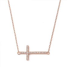 Load image into Gallery viewer, Sterling Silver Rose Gold Plated Sideway Cross Clear CZ Necklace