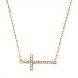 Sterling Silver Yellow Gold Plated Sideway Cross Clear CZ Necklace