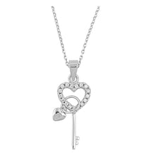 Load image into Gallery viewer, Sterling Silver Clear CZ Heart and Key Necklace