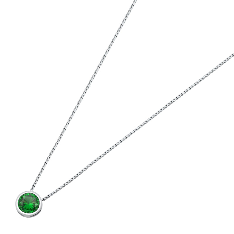 Sterling Silver Round Emerald CZ Bezel Solitaire Necklace