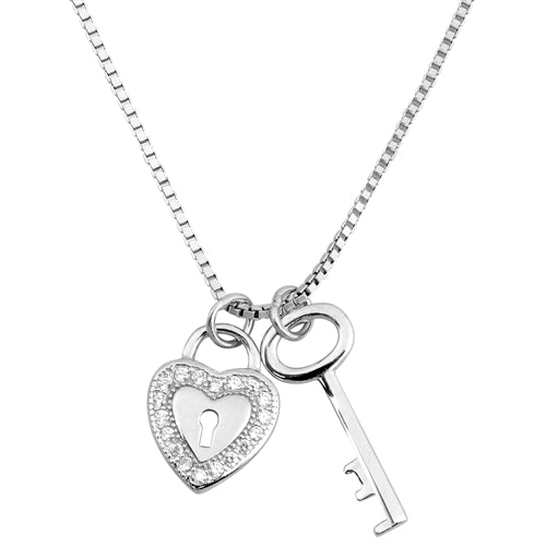 Sterling Silver Key To The Heart Clear CZ Necklace