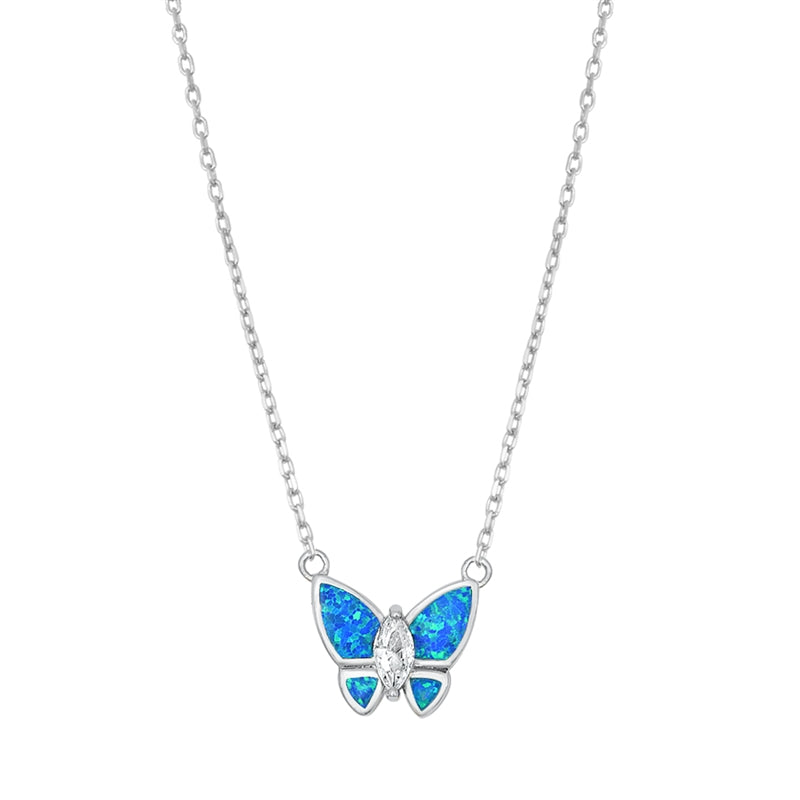 Sterling Silver Blue Lab Opal And Clear CZ Butterfly Necklace
