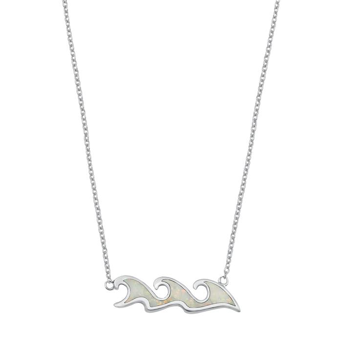 Sterling Silver Waves White Lab Opal Necklace