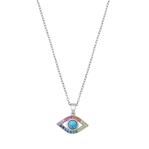 Sterling Silver All Seeing Eye Simulated Turquoise And Multi Colored CZ Necklace
