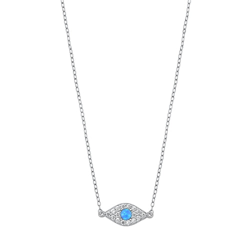 Sterling Silver Eye Blue Lab Opal And Clear CZ Necklace