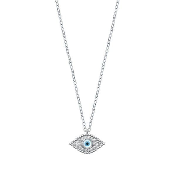 Sterling Silver Rhodium Plated Evil Eye Clear CZ And Mother Of Pearl Necklace Length-16+2inches Extension, Charm Height-9.8mm