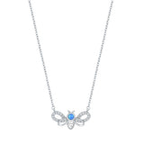 Sterling Silver Rhodium Plated Bee Blue Lab Opal And Clear CZ Necklace Length-16+2inches Extension, Charm Height-10mm