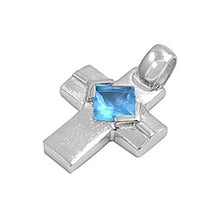 Load image into Gallery viewer, Sterling Silver Stylish Square Edged Cross Pendant with Aquamarine CZAnd Pendant Height of 25MM