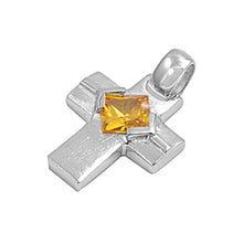 Load image into Gallery viewer, Sterling Silver Stylish Square Edged Cross Pendant with Yellow Topaz CZAnd Pendant Height of 25MM
