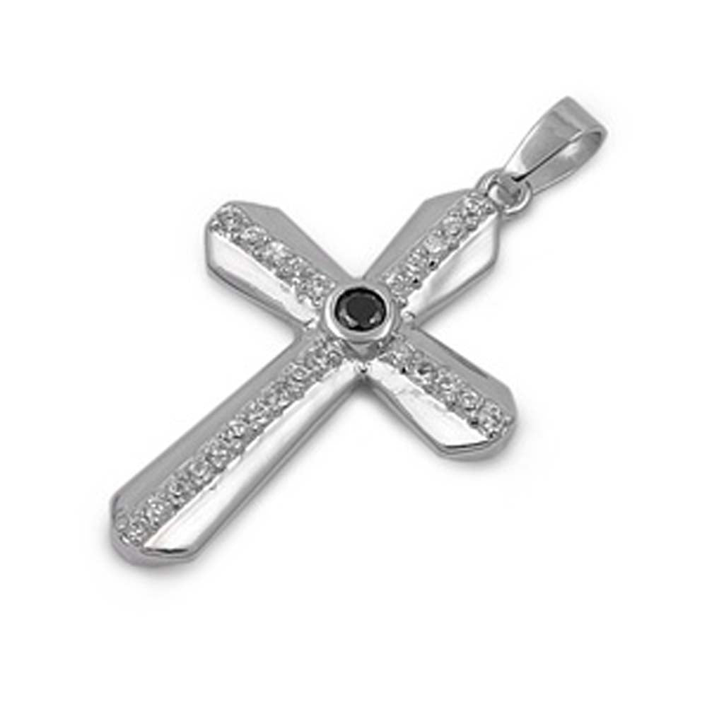 Sterling Silver Stylish Cross Pendant with Clear and Black CZ StoneAnd Pendant Height of 33MM