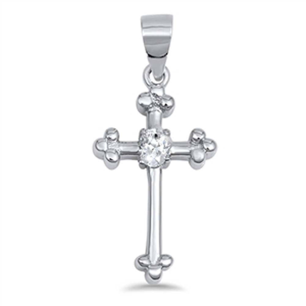 Sterling Silver Budded Cross Pendant with Clear CZ Stone in the CenterAnd Pendant Height of 22MM