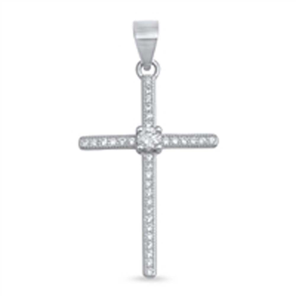 Sterling Silver Thin Cross Pendant with Clear CZ Stones and a Square CZ Stone in the MiddleAnd Pendant Height of 29MM