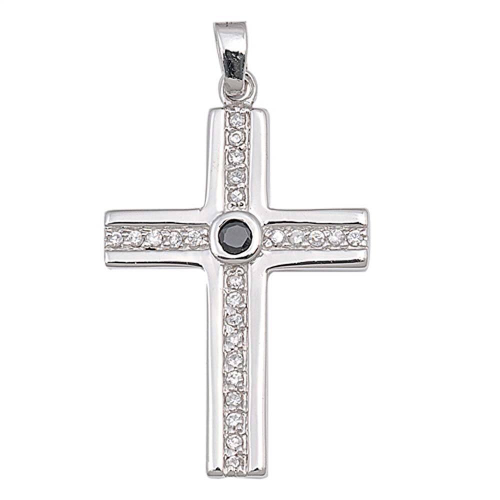 Sterling Silver With Black And Clear Cubic Zirconia Cross PendantAnd Pendant Height 33mm