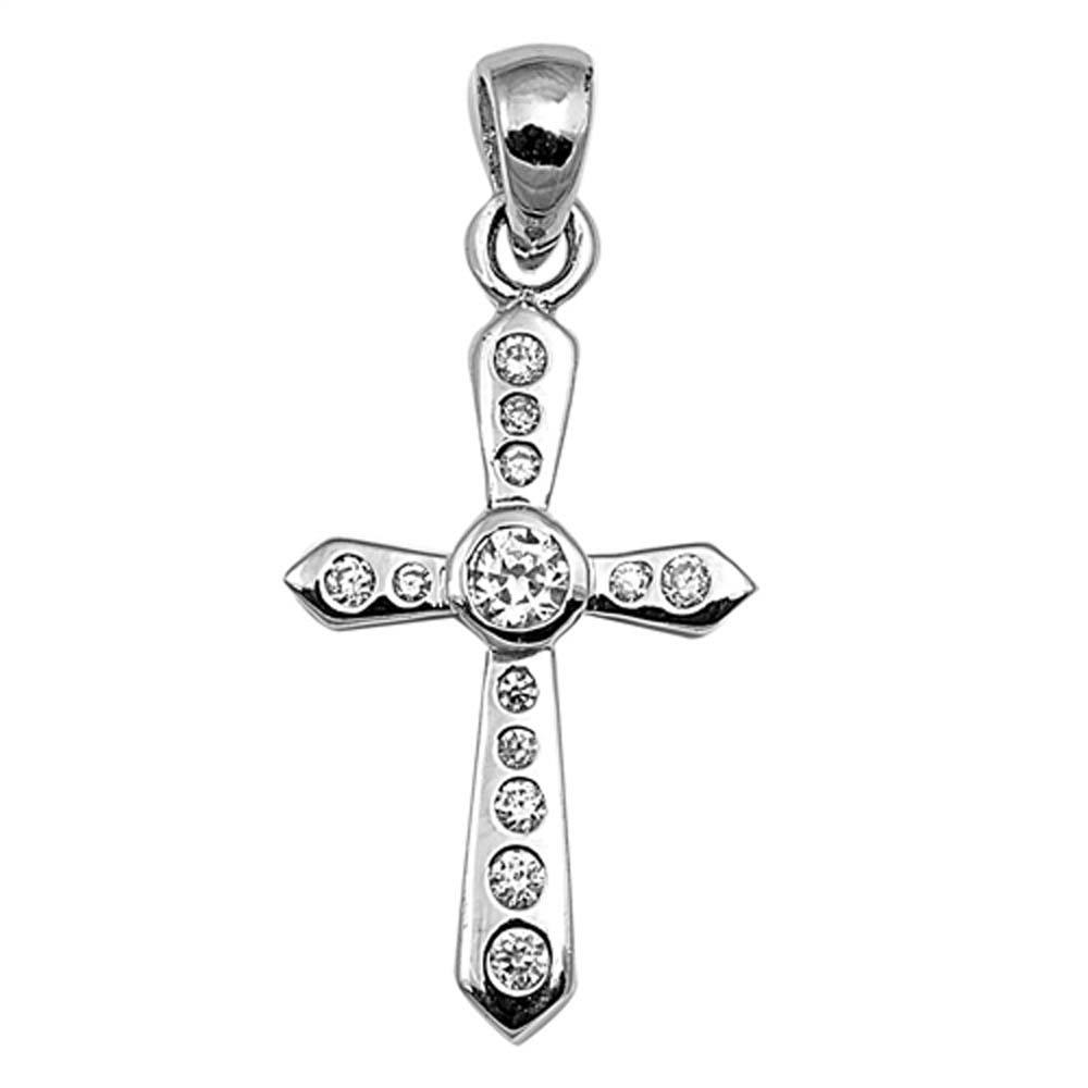 Sterling Silver Clear Round Shape Cubic Zirconia Cross PendantAnd Pendant Height 23 mm