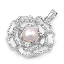 Load image into Gallery viewer, Sterling Silver Flower With Freshwater Pearl Shaped CZ PendantAnd Pendant Size 25 mm